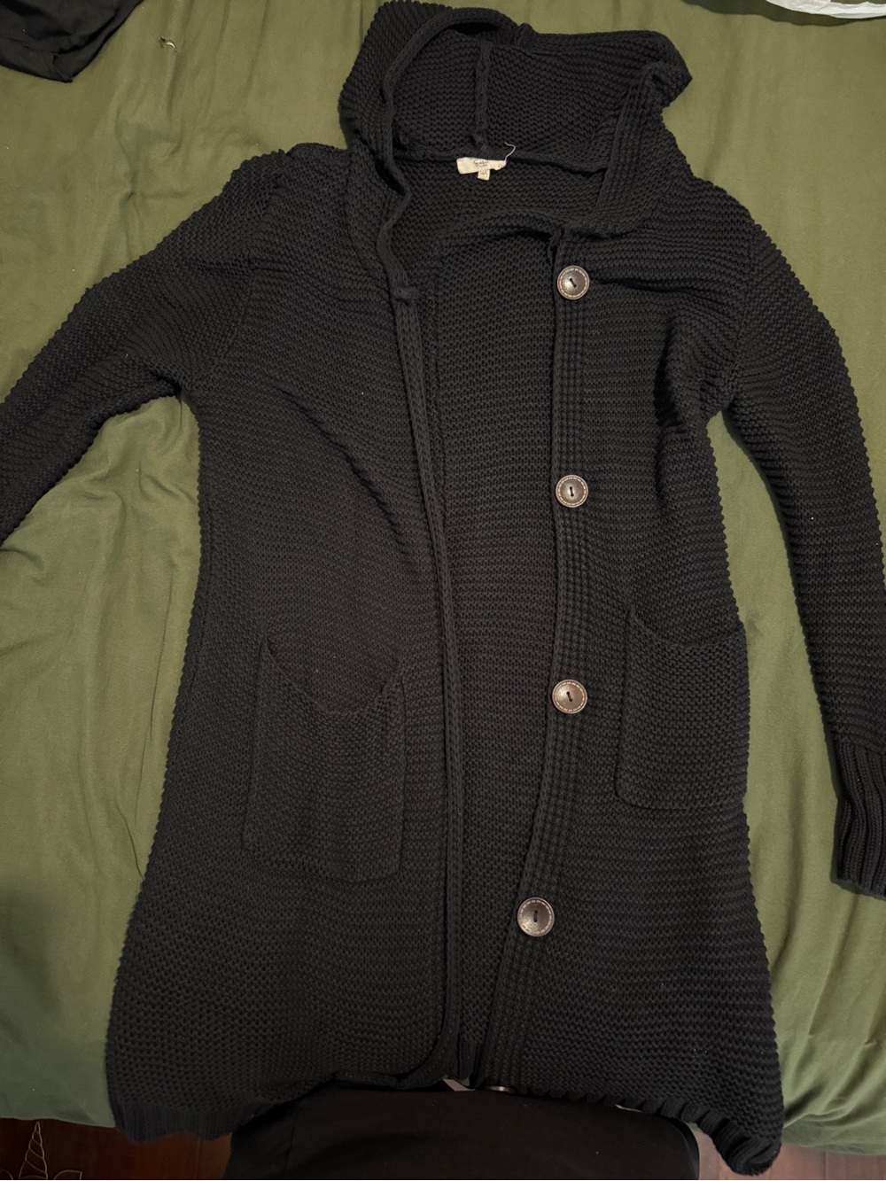 easel Black Hooded Button-Front Knit Cardigan
